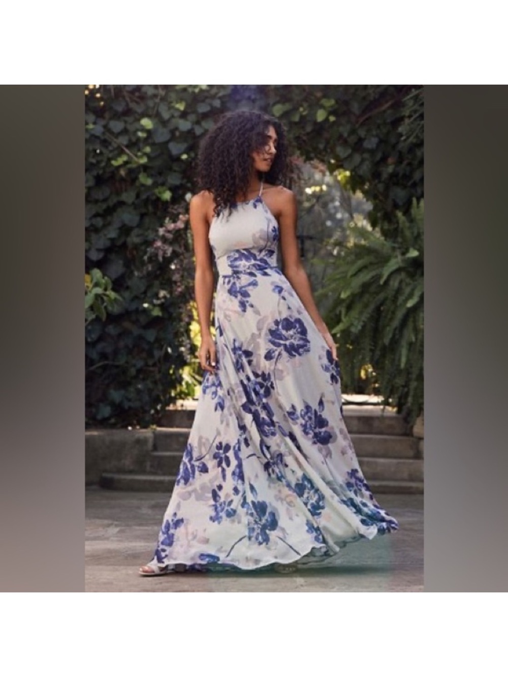 Lulu's White Halter Maxi Dress with Blue Floral Print